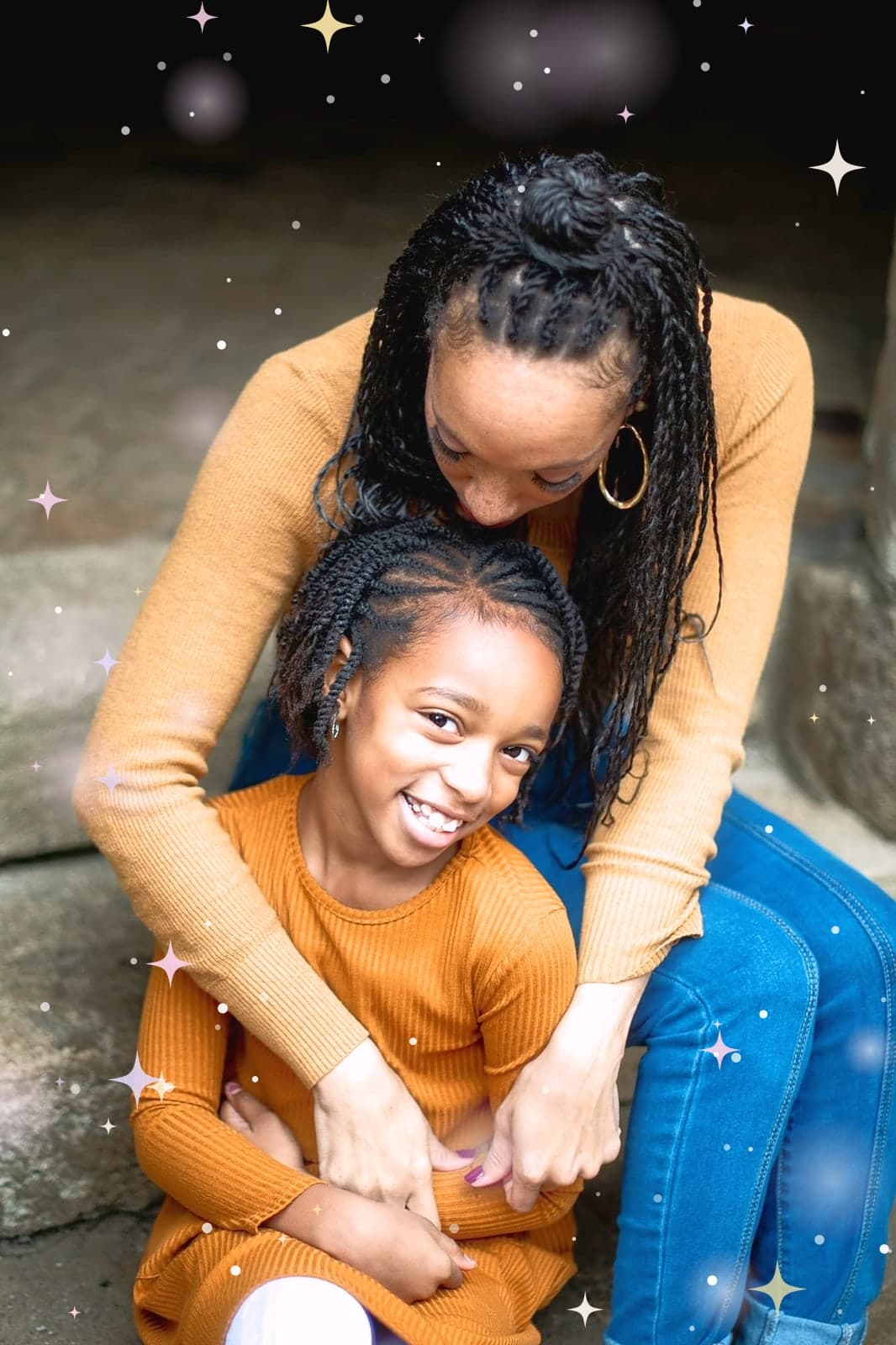 A mother hugging her daughter, in Fairytale with soft sparkles